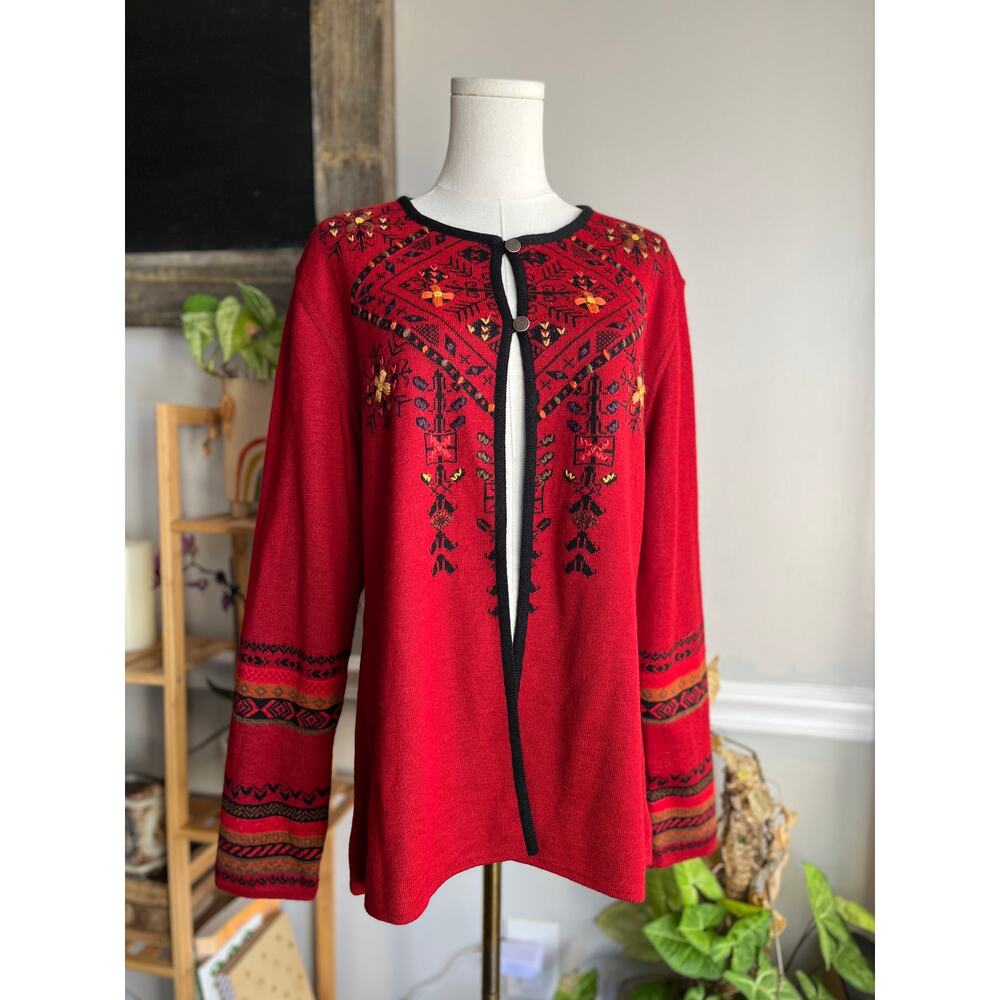 Vintage Y2K Red and Black Floral Aztec Alpaca Blend Cardigan Sweater Size XXL